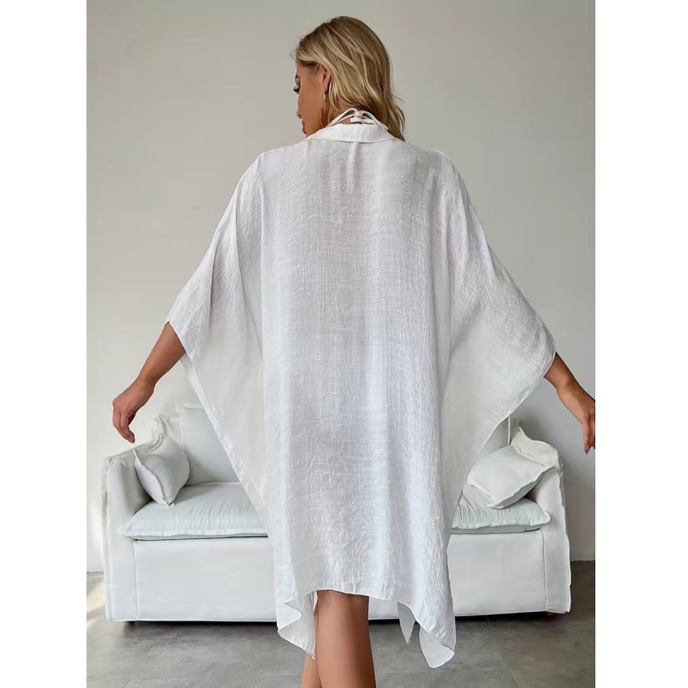 Flowing White Button Down Kimono Beach Coverup - Picture 5 of 15
